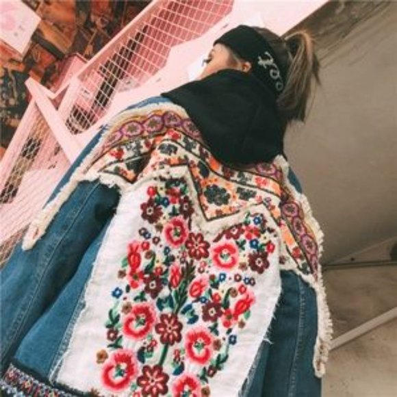 Boho Denim Blue Floral Embroidered Jean Jacket - Picture 7 of 11